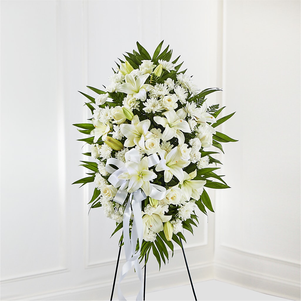 Exquisite Tribute Standing Spray-White Ribbon – Blossoms In Studio Of Flowers, Forest MS
