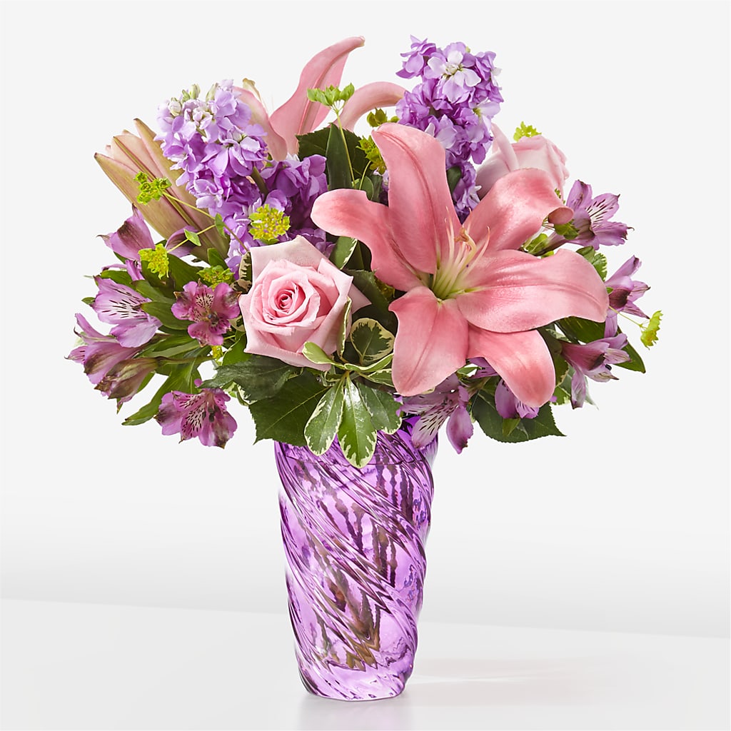 Precious Petals Bouquet with Luxe Swirl Vase – Blossoms In Studio Of Flowers, Forest MS