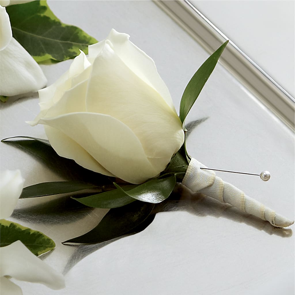 White Rose Boutonniere – Blossoms In Studio Of Flowers, Forest MS