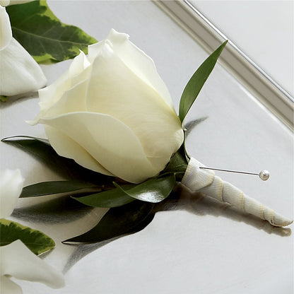 White Rose Boutonniere –  Blossoms In Studio Of Flowers, Forest MS